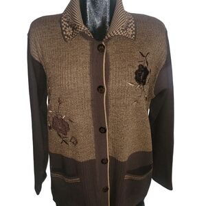 J Janet Brown and Tan Floral Embroidered Cottagecore Granny Cardigan Sweater XL